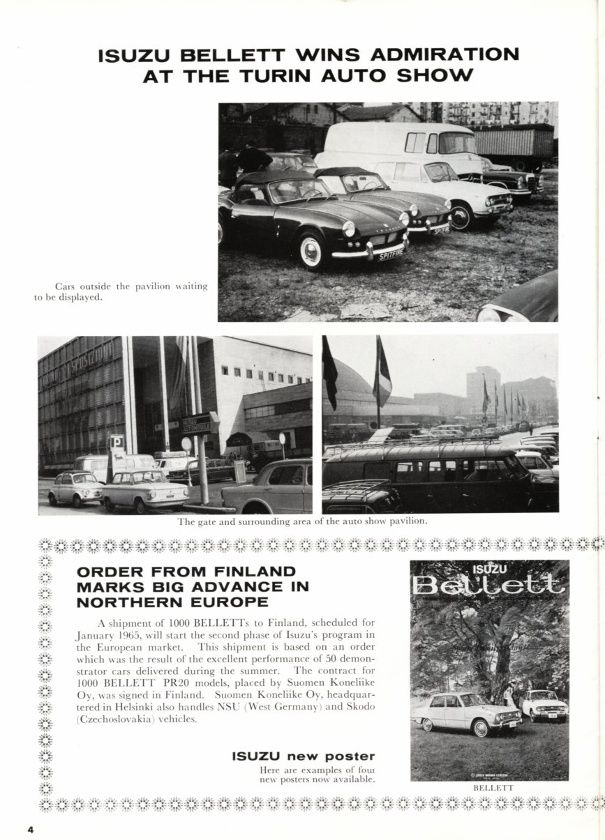 Isuzu Times No 21 corporate magazine - Jan-March 1965 - English language - 10 pages - 04 - Turin Auto Show & Finland delivery.jpg