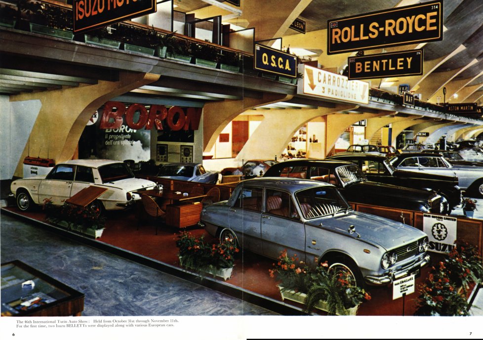 Isuzu Times No 21 corporate magazine - Jan-March 1965 - English language - 10 pages - 07a - pages 4 & 5 joined - 1964 Isuzu Bellett at Turin Motor Show.jpg